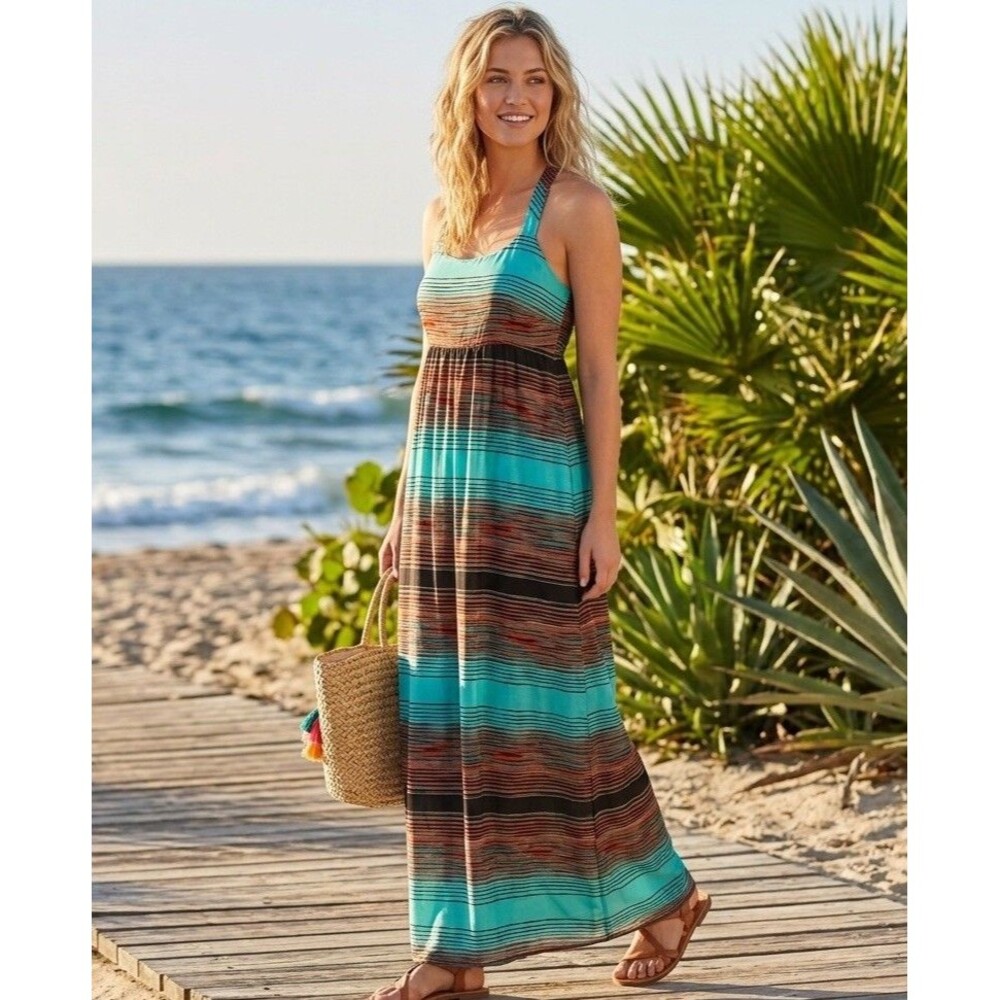Xhilaration Dress Size M Green Maxi Sleeveless Racerback Striped Beachy Preppy